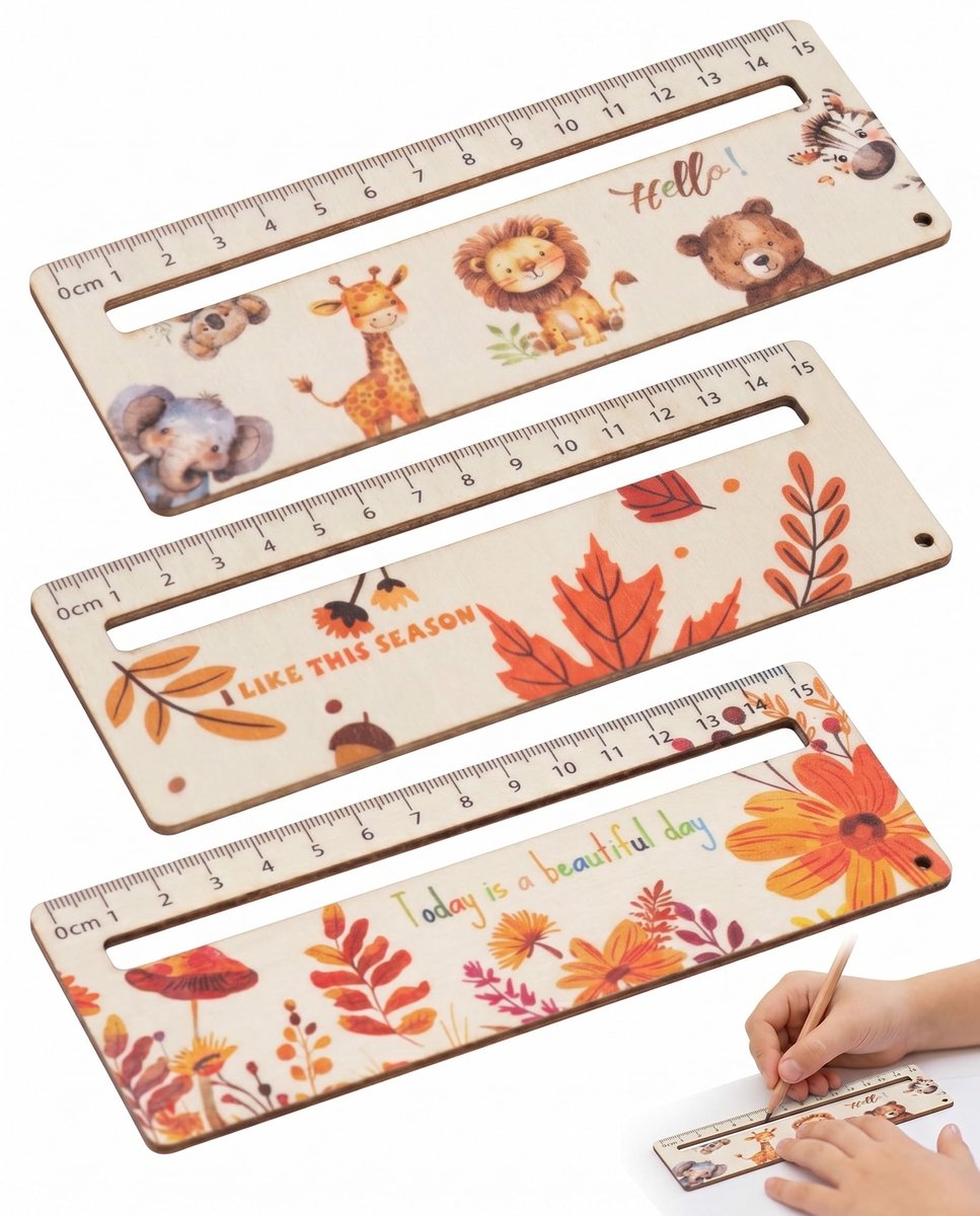 XUKZIMA Houten liniaal voor kinderen, 3-delige set, ideaal voor geleid lezen, school, concentratie, duurzaam - ShopVlot
