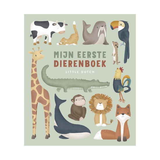 Een kinderboek met illustraties van boerderij- en safaridieren: koe, kat, walrus, toekan, giraffe, krokodil, haan, orka, aap, leeuw en vos.