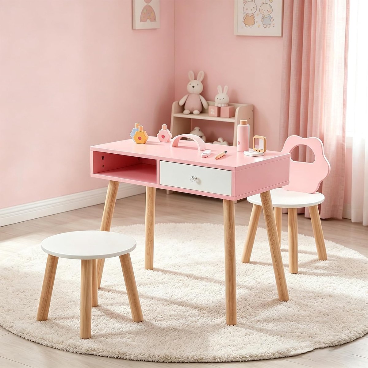 KOMFOTTEU Make-uptafel voor kinderen - manicuretafel met stoel en kruk - kaptafel van hout - nageltafel met oogschaduw & make-upkwast
