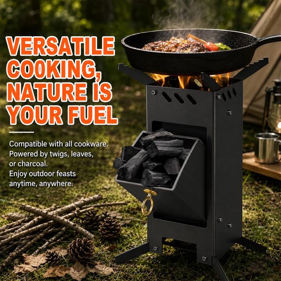Raketoven met grillplaat, groot, Rocket Stove met vuurhaak, 2 extra standvoeten, kanonenkachel insteeksysteem van - ShopVlot — afbeelding 3