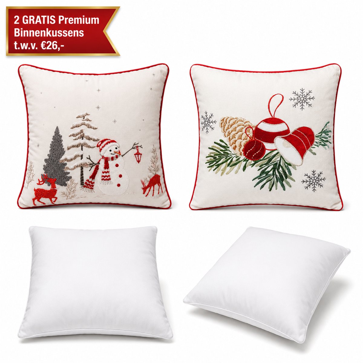 Kerstkussen Set van 2 Kussenhoezen incl. Gratis Kussenvulling - Kerst Kussenhoes - Vierkant Kussenhoesjes - Kerstkussens met Wintertafereel Borduurwerk - 45x45 cm - 100% Katoen - Voor Binnen - Wit & Rood