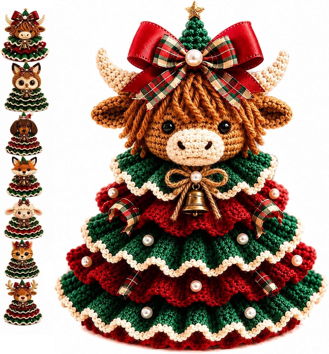 KZQ Haak Set Voor Hooglandkoe Kerstboom - DIY Knutselset - Beginners - Met Kraaltjes Bellen & Lint - Handgemaakte Kerstdecoratie