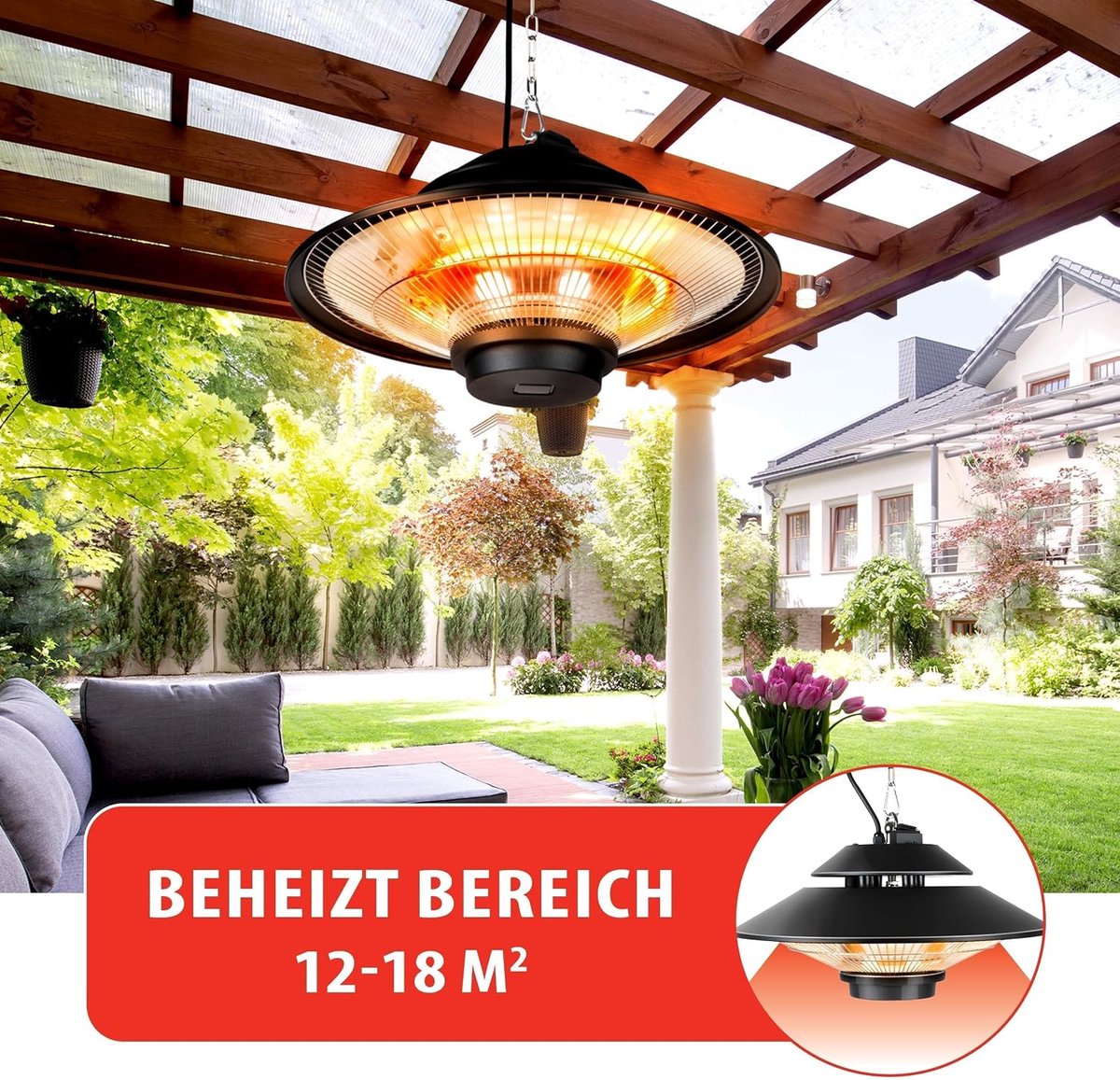 Terrasverwarmer - Elektrische heater - Buiten zitten - Infrarood verwarming - Ø47.5 cm - Zwart – foto 6
