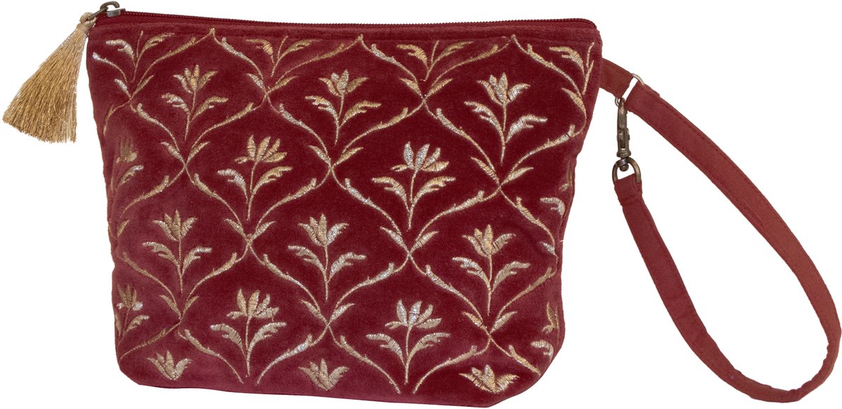 Handed By - Velours opbergtasje met ritssluiting - Make up tasje - Opbergtasje - Toilettas - Leela - robijnrood met gouden bloemendesign – ruby red