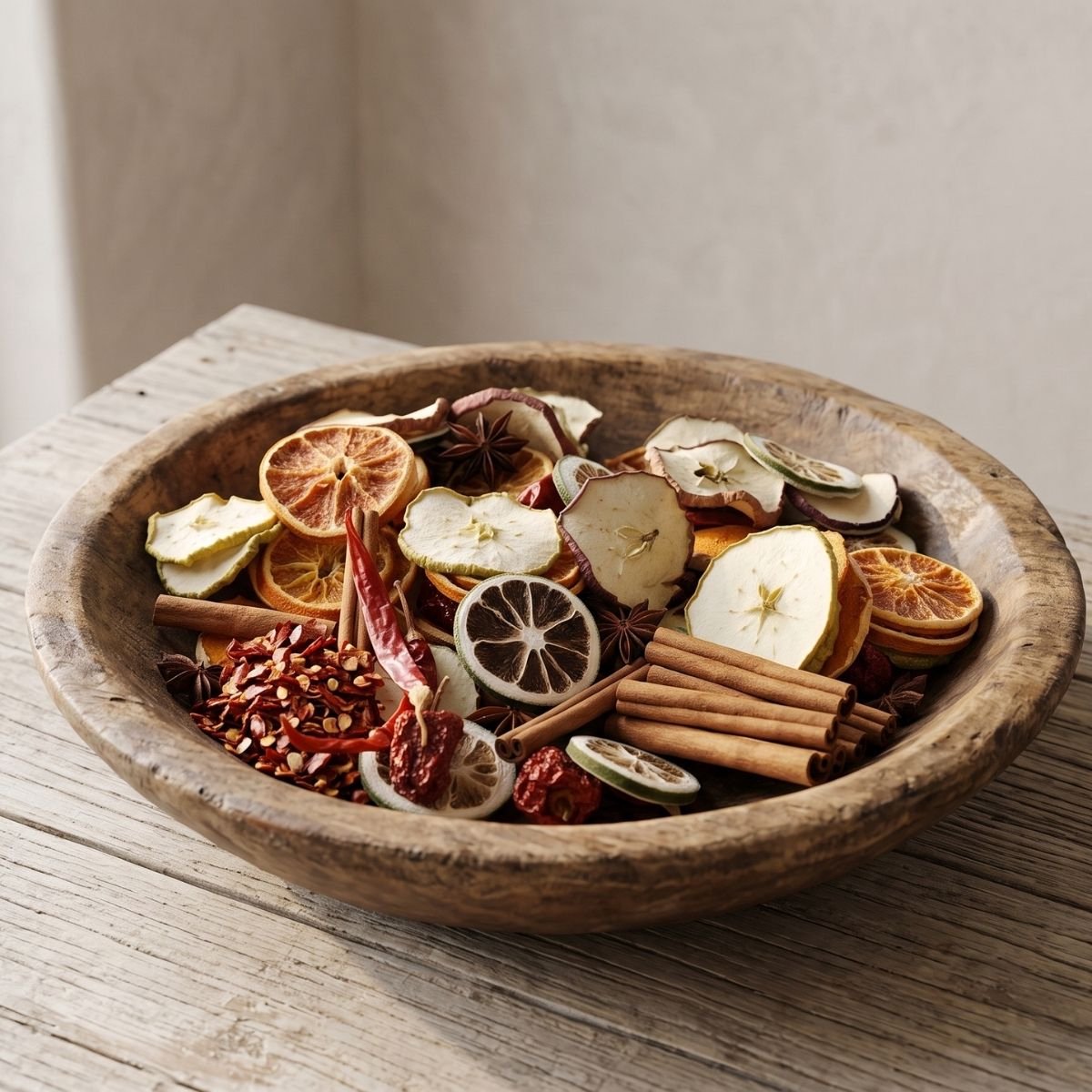 Decoratieve Gedroogde Vruchtenmix en Specerijen 165gr – Natuurlijke Herfst en Kerstdecoratie - Gedroogde appelschijfjes, sinaasappelschijfjes, citroenschijfjes, kaneel, steranijs, rode pepers