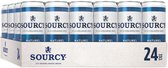 24 blikken Sourcy Naturel met blauwe en witte opdruk, 'SOURCY UIT NEDERLANDSE BRON' en 'NATUREL'.
