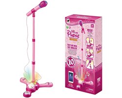 Roze Karaokemicrofoon voor Kinderen - Verstelbare Standaard 40-90 cm - Roterende Lichtbal - 10 Geluidseffecten - Voor Smartphone & MP3 - Vanaf 3 Jaar