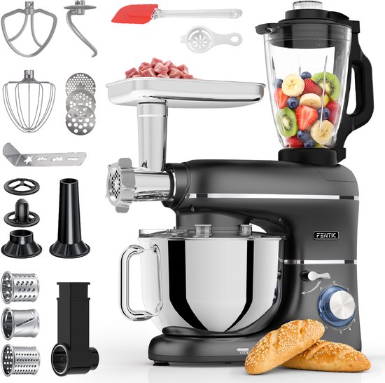 Zwarte Fentic keukenmachine met 6,2L mengkom, blender vol fruit, vleesmolen en diverse accessoires zoals gardes, deeghaken en rasp-opzetstukken.