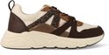 Donkerbruine sneaker met beige mesh en bruine suède details. Leopardprint accenten op de veters en zijkant.