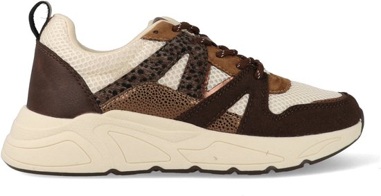 Donkerbruine sneaker met beige mesh en bruine suède details. Leopardprint accenten op de veters en zijkant.