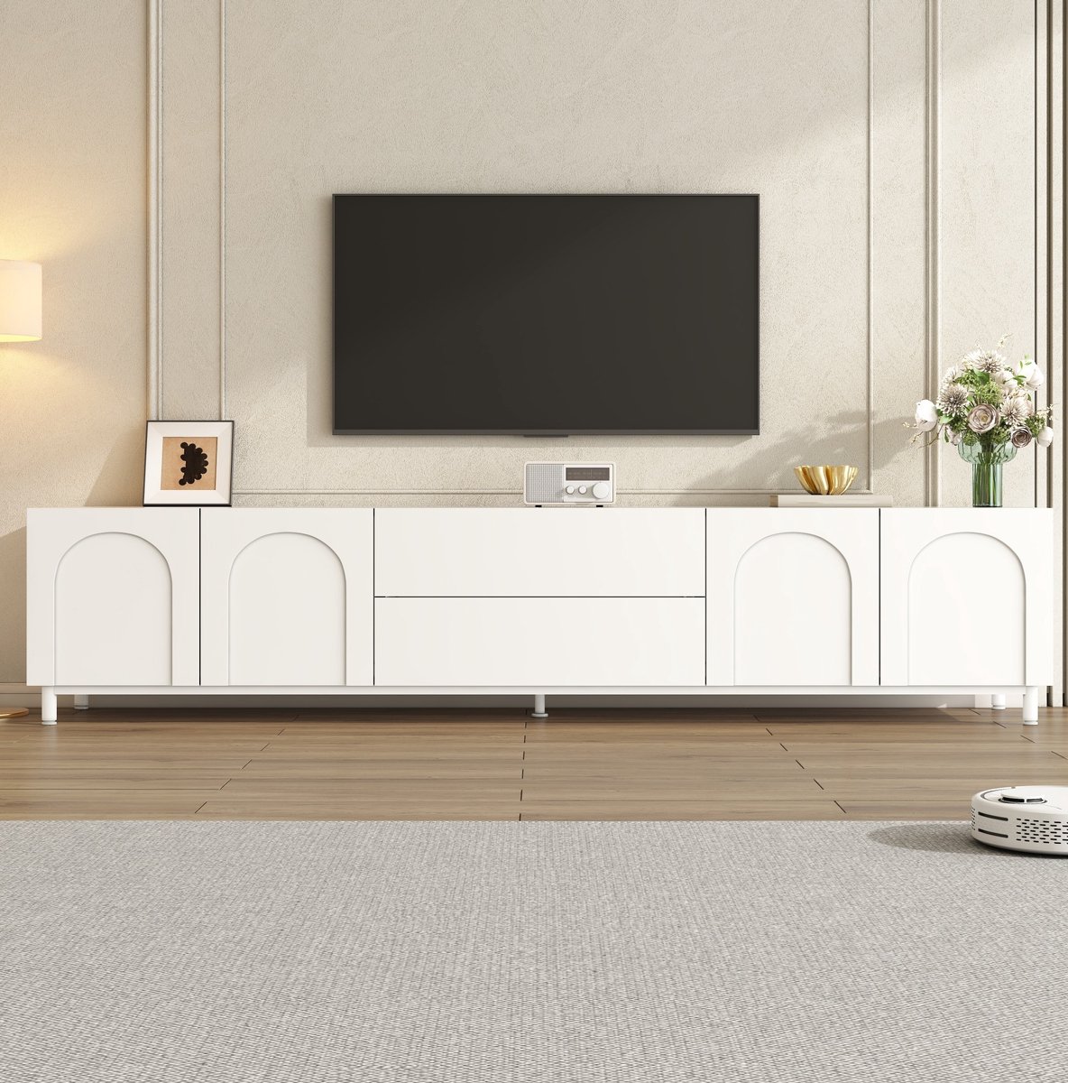 MODENUIT TV Meubel - 4 Deuren, 2 Lades En Kabeldoorvoer - Woonkamer - Spaanplaat En MDF - Wit - 180x40x48 Cm