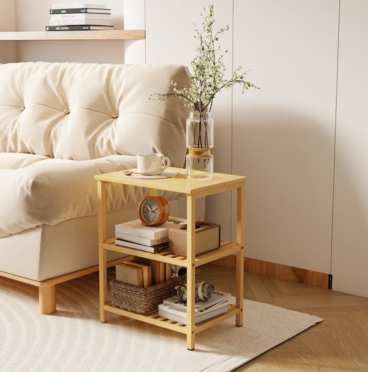 MIVRAY Sidetable - Bamboe Bijzettafel Met 3 Open Legplanken - Compact Voor Woonkamer En Slaapkamer - Natuurlijk Bamboe - 40,6 X 30 X 50,5 Cm