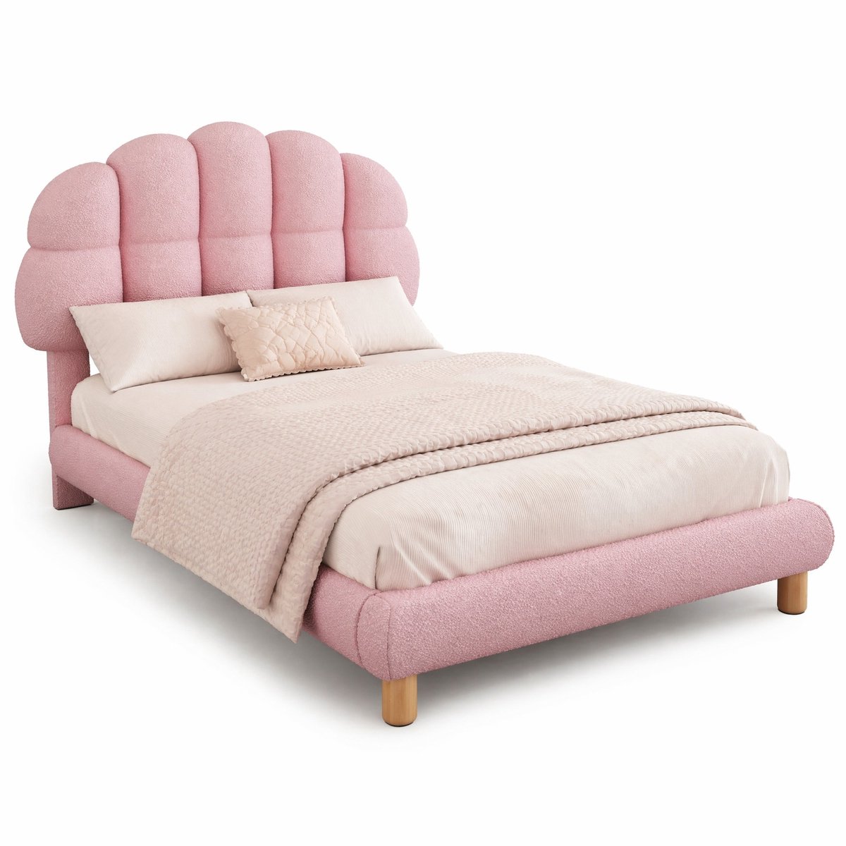 WUVRIE Kinderbed 90x200 cm met gebogen hoofdbord, lattenbodem en boucle, roze