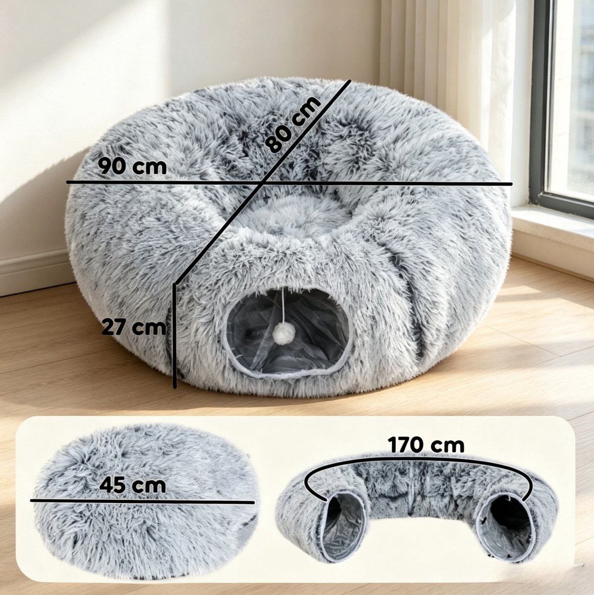 REDOM - Kattenbed en kattentunnel - Donutvorm - Afneembaar en machinewasbaar kussen - Pluche en metaal - Kat - Lichtgrijs - 90 x 80 x 27 cm