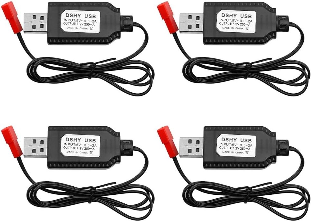 4 Stuks JST Oplaadkabels 7.2V Lipo Accu voor RC Auto's, FPV Drones en Quadcopter Modellen