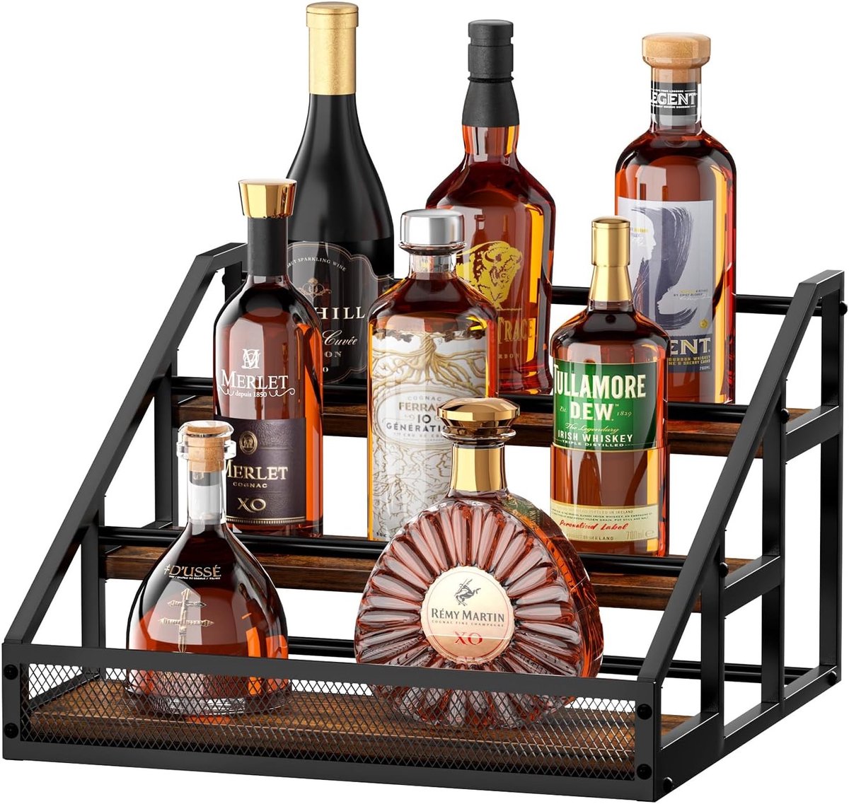 Wijnrek wandmontage - Hout en ijzer - 3-laags drankrek - Vintage barplank - Voor whisky en sterke drank
