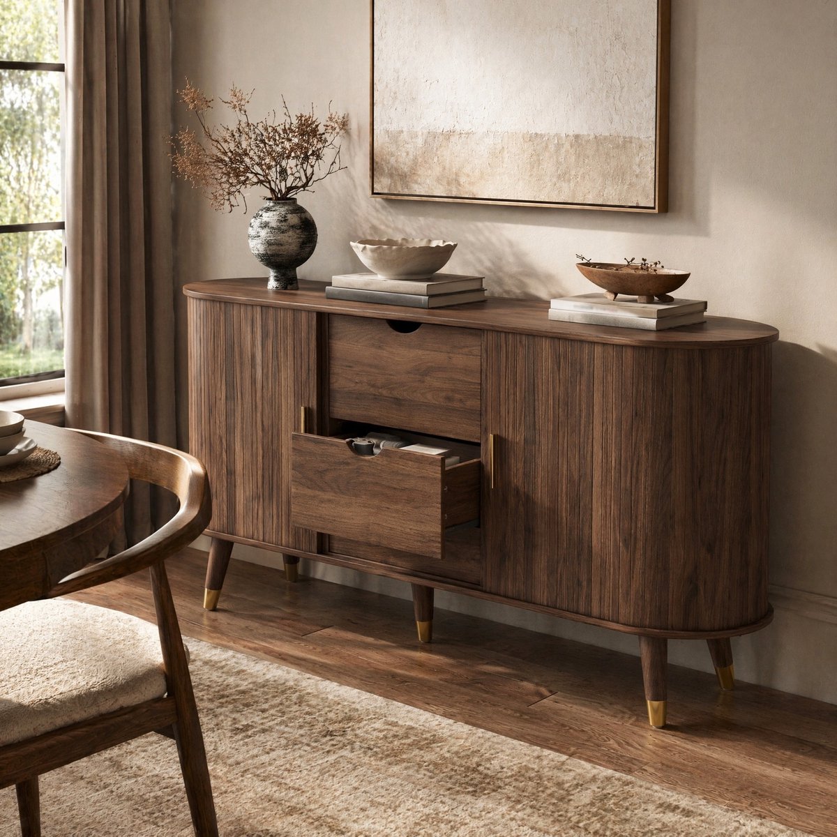 COVREO Dressoir 140x40x79,5 cm Walnoot, MDF, Verticale Masering, 2 Lades en 2 Schuifdeuren, Afgeronde Hoeken, Goudkleurige Handgrepen, Massief Houten Poten, Voor woonkamer