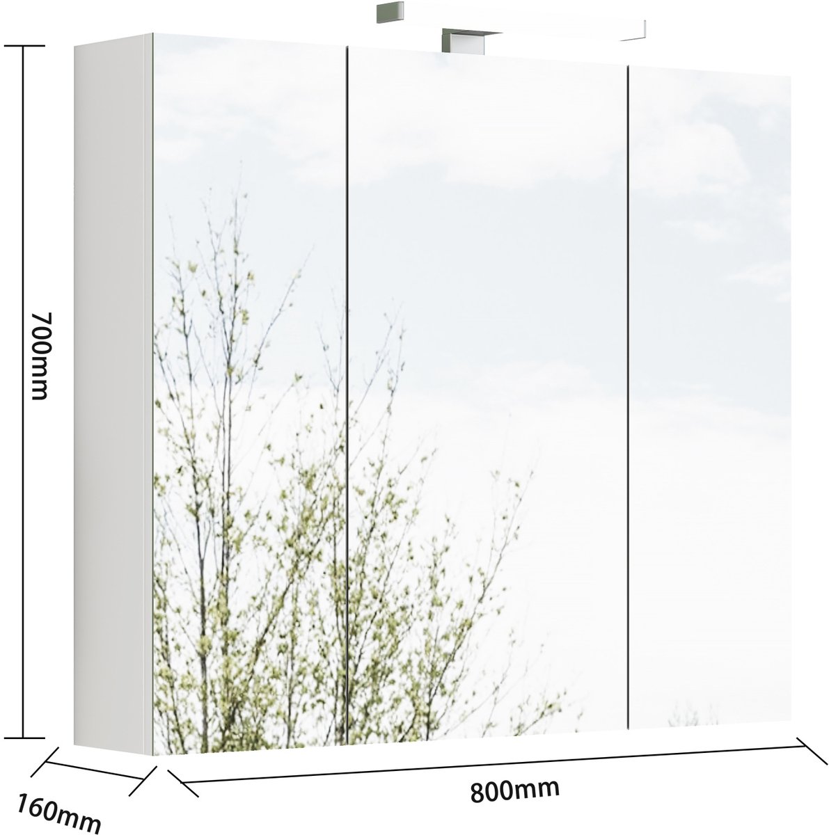 OKWISH Badkamerkast Met Spiegel – Wandmontage – 3 Deuren – Ledverlichting En Stopcontact – Wit MDF En Glas – 80x16x70 cm