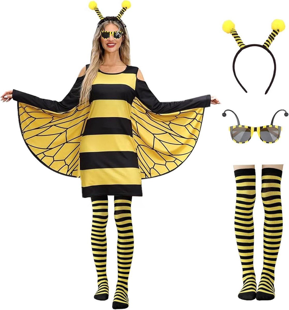 Carnaval Kostuum voor Vrouwen en Meisjes met Gele Schortjurk, Lange Rok, Hoofdband en Kousen voor Feestjes en Cosplay