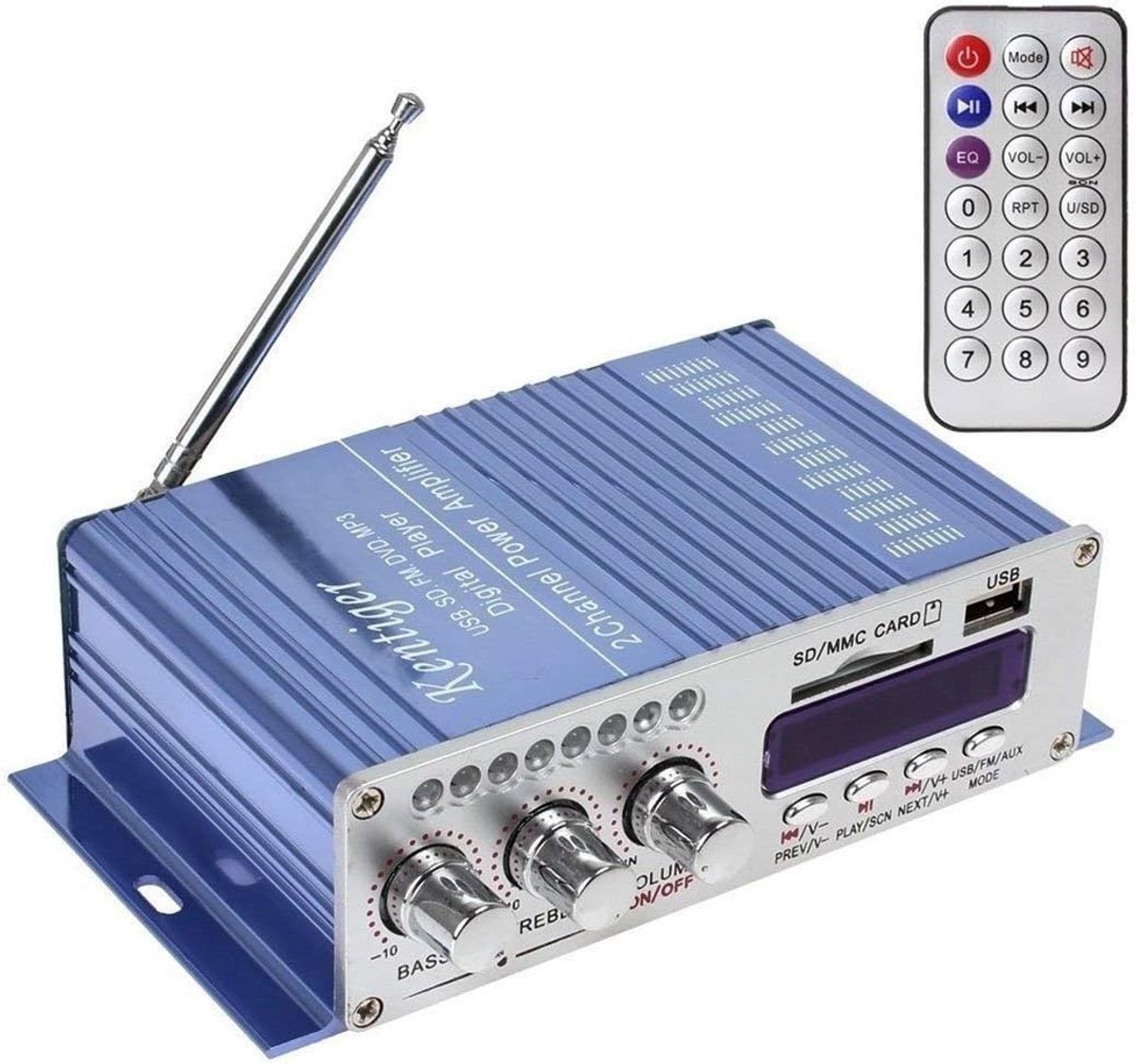 Hi-Fi Digital Stereo Audio Amplifier met Bluetooth, USB, SD en FM - Mini 2-Kanaals Versterker voor Auto, Boot en Motor met Digitale Weergave