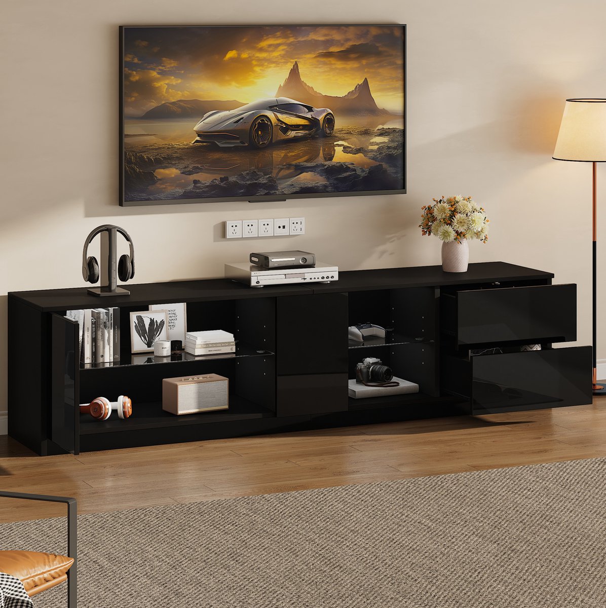 MODENUIT TV Meubel - Hoogglans Front Met LED En 2 Lades - Woonkamer En Slaapkamer - MDF - Zwart - 160 Cm