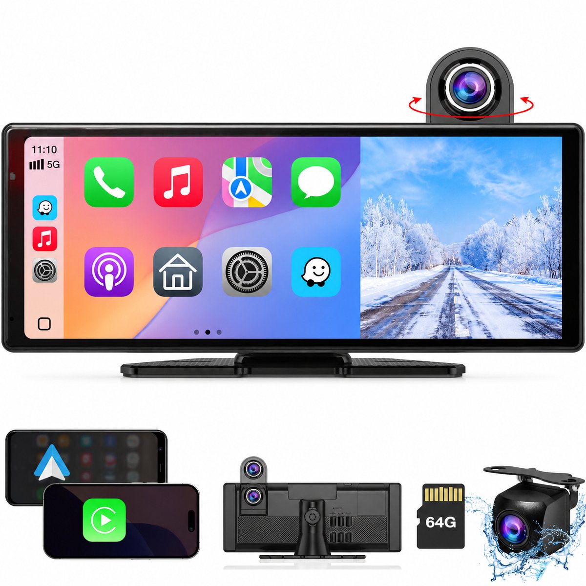 Dashcam 4K met CarPlay autoradio touchscreen draadloos GPS achteruitrijcamera loop recording 10.26 inch