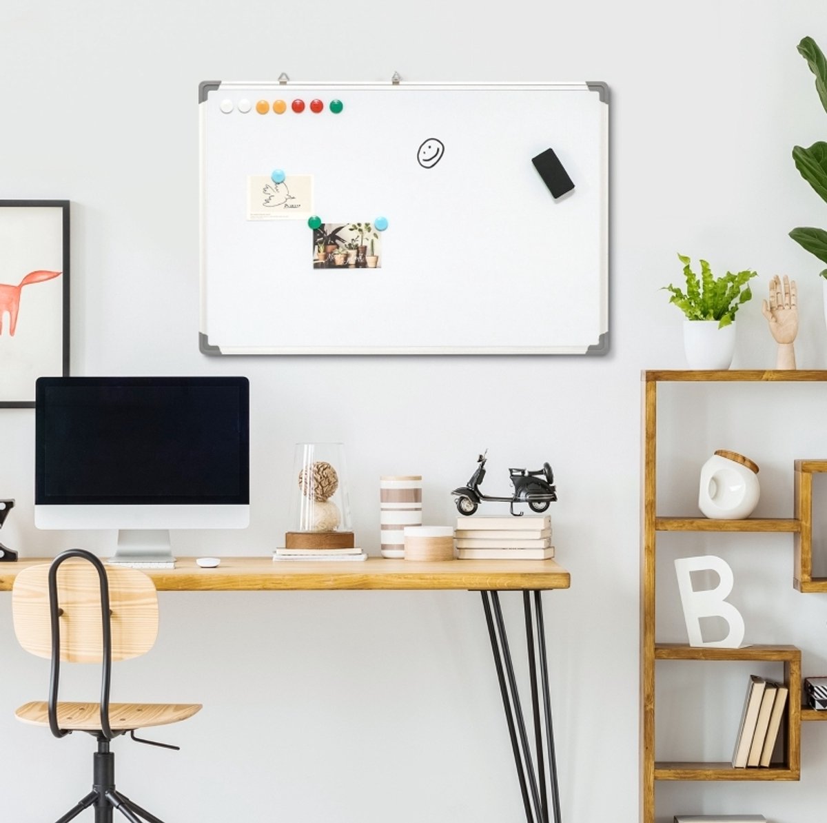 Witbord met aluminium frame - Inclusief 4 markers, 1 wisser en 10 magneten - 90 x 60 cm