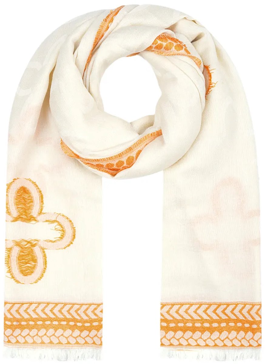 Offwhite Sjaal Oranje Bloemenprint - Trendy Tweekleurige Geometrische Printsjaals - Zachte Viscose Sjaals - 200cm x 100cm - Offwhite & Oranje