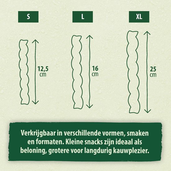 Schematische weergave van drie maten hondensnacks: S, L en XL.