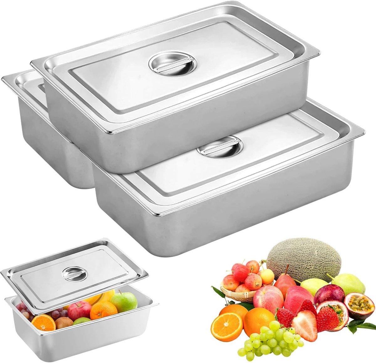 RVS Container Set met Deksel, 3-delige Set voor Paneer, Marineren en Serveren, Ideaal voor Vlees en Vis, 32.5 x 17.5 x 6.5 cm