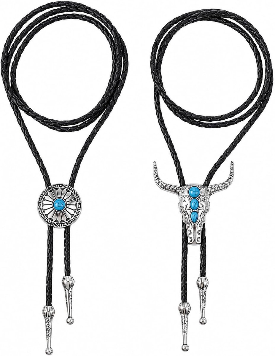 Set van 2 Bolo Ties voor Mannen - 50cm Zwarte Western Cowboy Ties met Rodeo Hanger - Perfect voor Cowboy Kostuums en Accessoires voor Feestjes en Evenementen