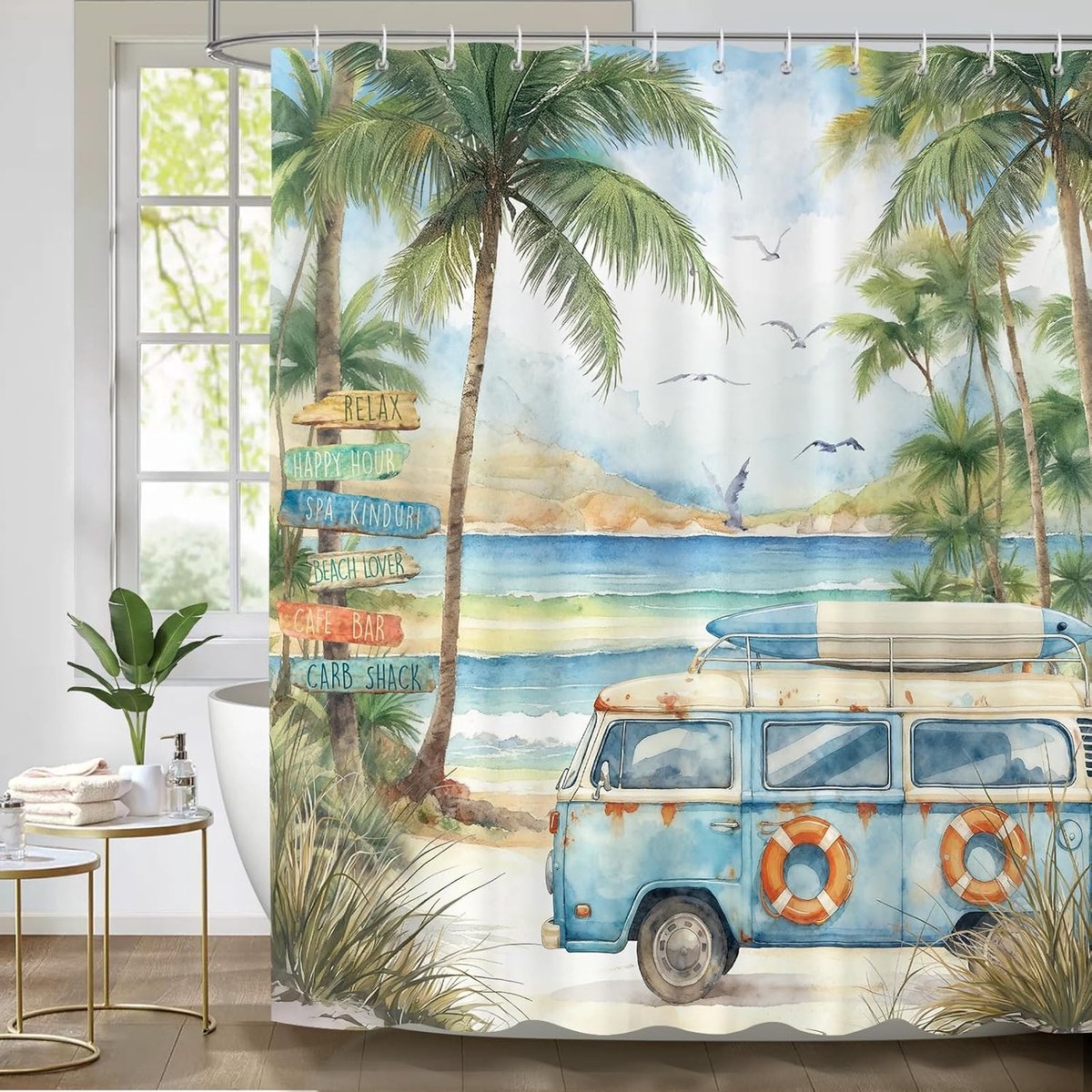 Vintage Camping Douchegordijn met Camper Van en Palmboom Motief, Waterdicht en Schimmelbestendig, Inclusief 12 Haakjes, 180 x 180 cm voor Badkamerdecoratie