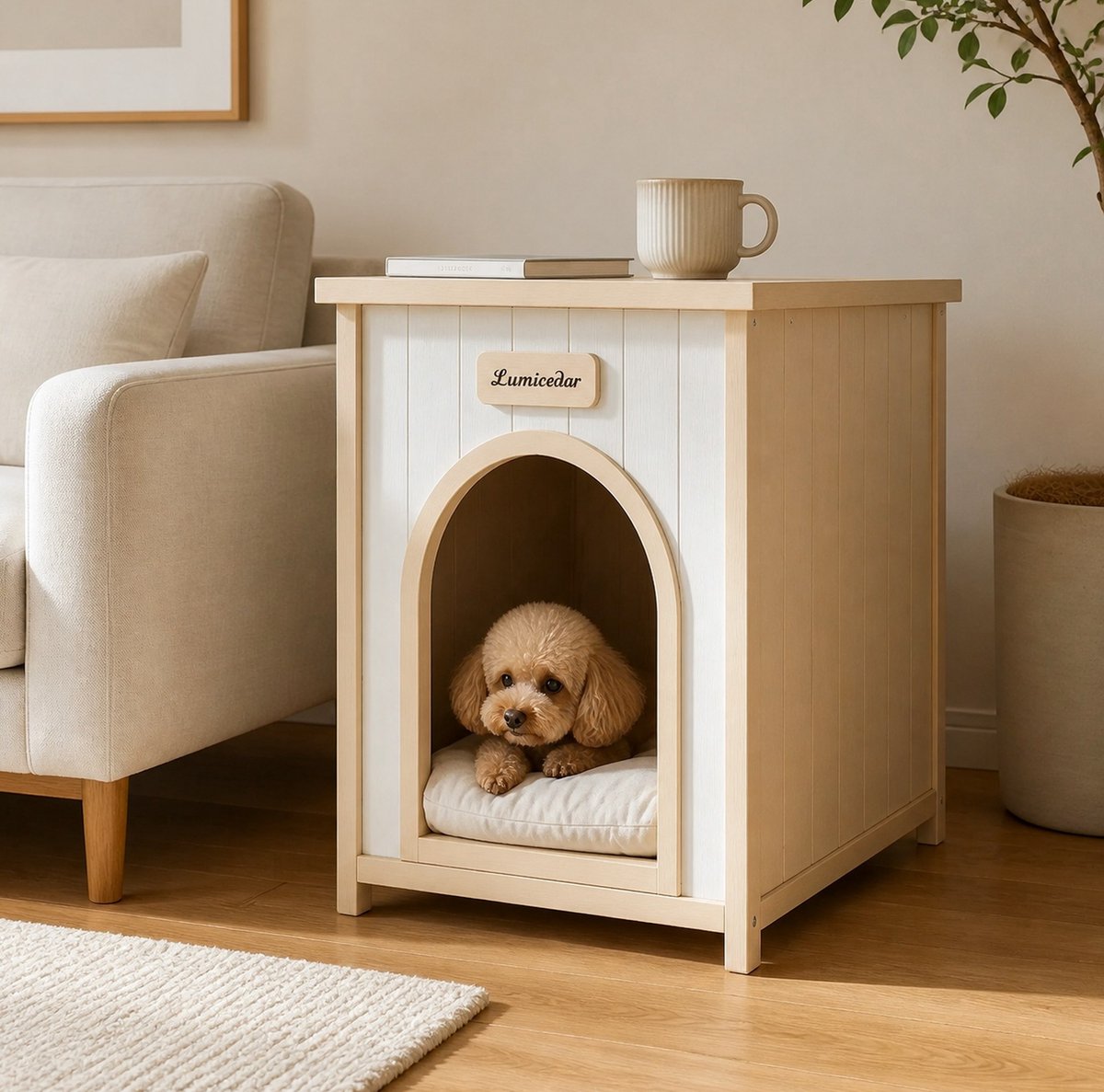 Dierenhuis Bijzettafel – Voor Kleine Honden En Katten – 53 X 51,6 X 60 Cm – Hout – Crèmewit – Indoor Met Kussen – Scandinavische Stijl