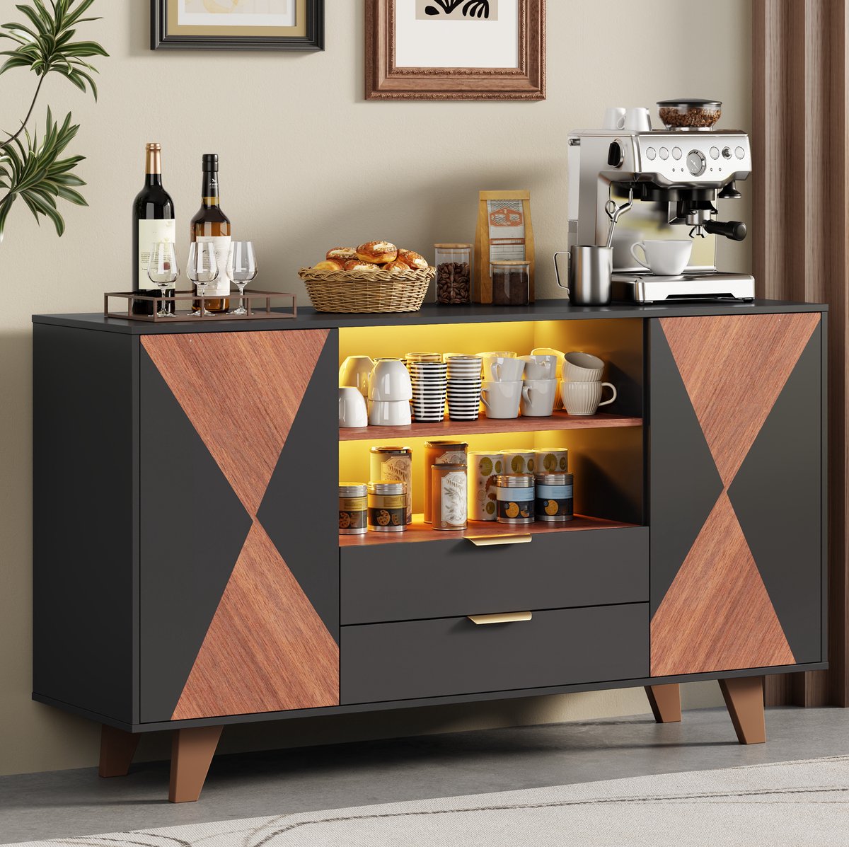 Dressoir Met Ledverlichting En 2 Lades, Verstelbare Planken, Voor Keuken En Woonkamer, Hout En Zwart, 150 X 40 X 90 Cm