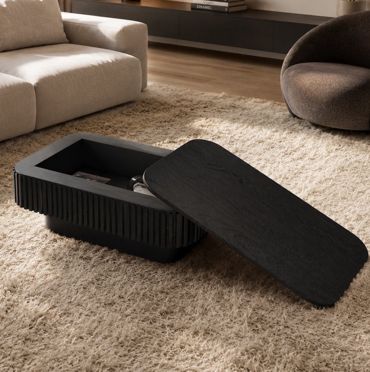 Stilvora Salontafel Rechthoekig Met Verborgen Opbergruimte En Fluted Ribbelstructuur Voor Woonkamer En Slaapkamer Hout Zwart 98x60x35 Cm