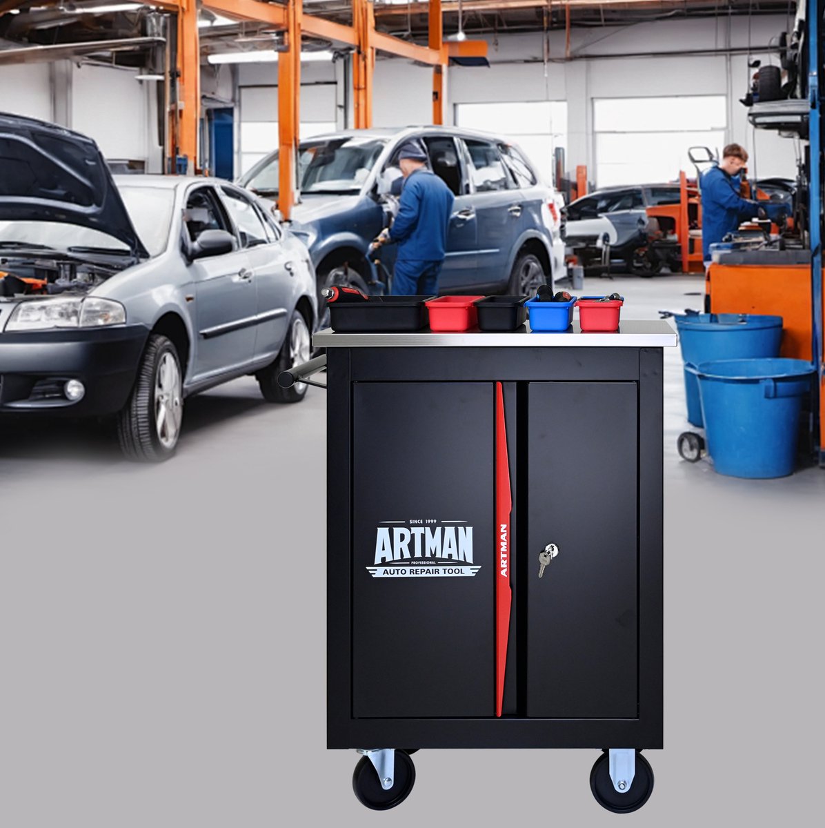 Tweedeurs klapwagen met multifunctie gereedschap - Zwart-Rood
