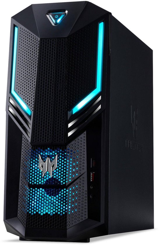 Zwarte gaming pc met blauwe LED-verlichting en Predator logo.