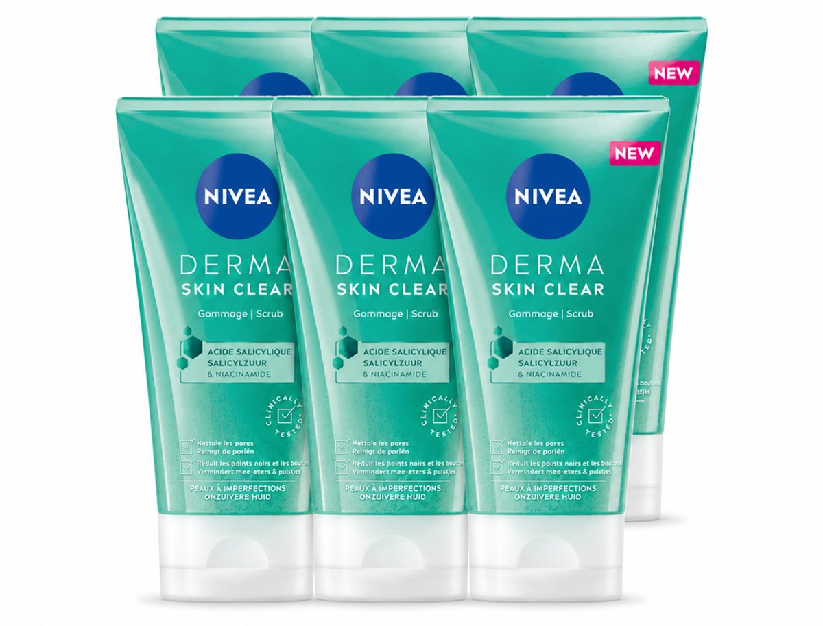 6 x NIVEA - Gezichtsscrub - DERMA Huidzuiver - Voor onzuivere huid - Met Salicylzuur (AHA) & Niacinamide - Tegen Acne & Mee-eters - 150 ml - Voordeelverpakking - 6 stuks