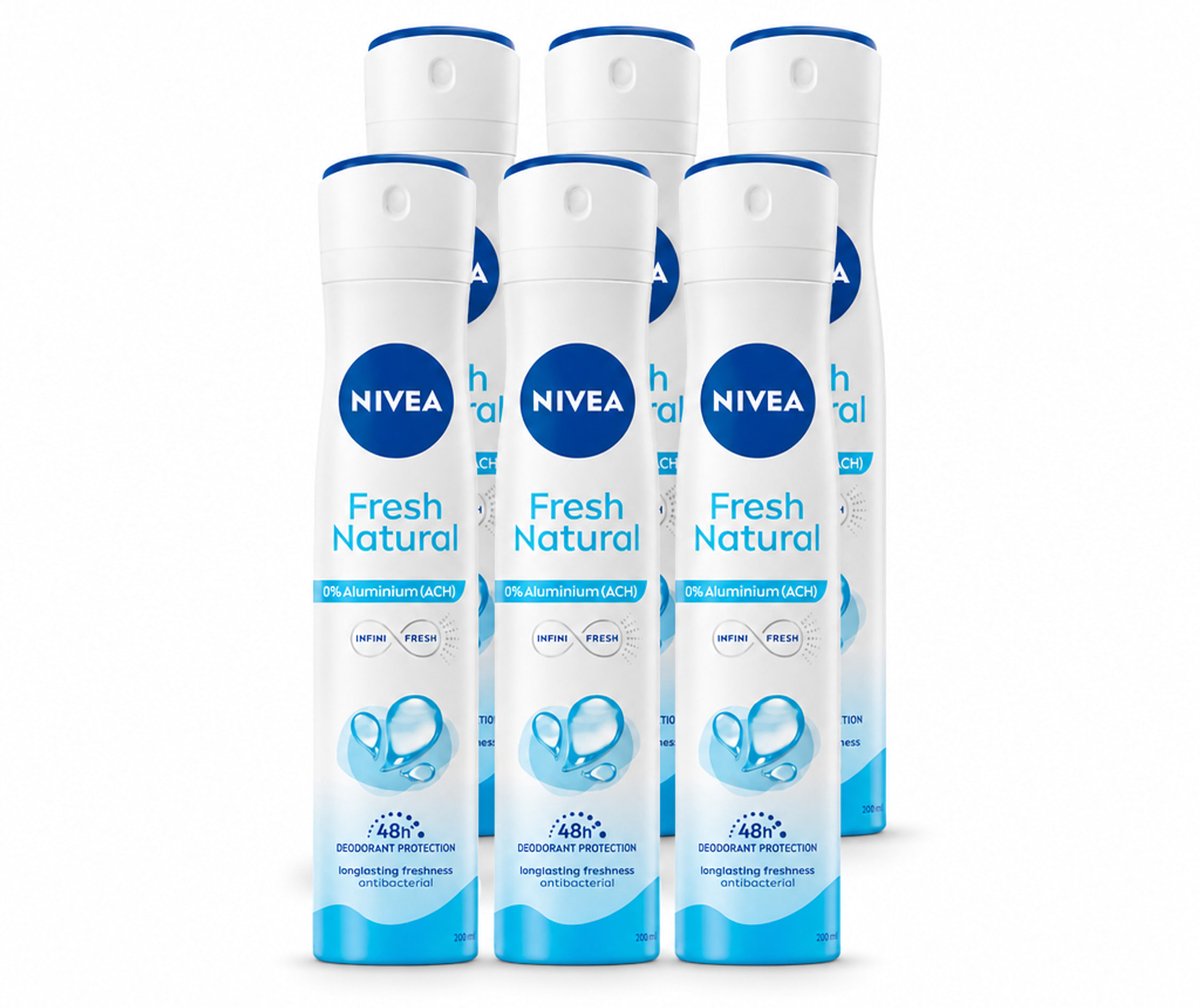 6 x Nivea - Deodorant Spray - Fresh Natural - 0% Aluminium - 200 ml - Voordeelverpakking - 6 stuks
