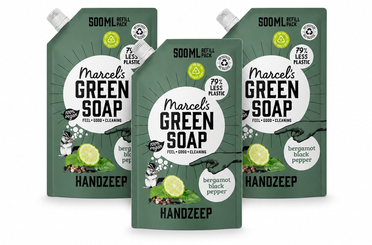 3 x Marcel's Green Soap - Handzeep - Bergamot & Black Pepper - Natuurlijke verzorging - 500 ml - Voordeelverpakking - 3 stuks