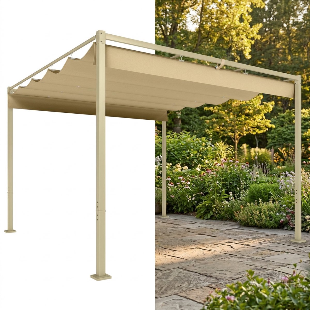 Pergola - Prieel - 3 x 3 - Paviljoen - Terras - Weerbestendig - Metalen Frame - Met zonwering - Khaki