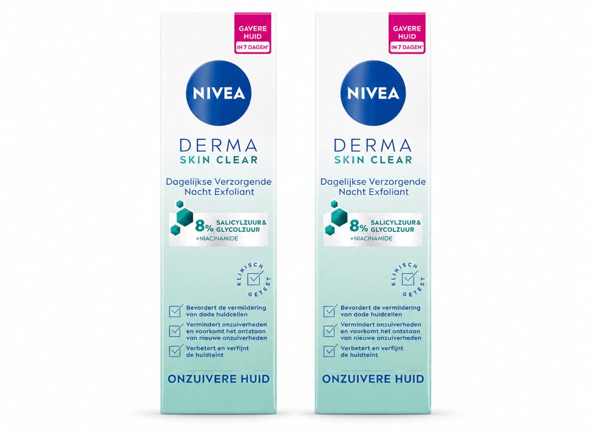 2 x NIVEA - Nacht Exfoliant - DERMA Huidzuiver Dagelijkse Verzorging - Met Salicylzuur (AHA), Glycolzuur & Niacinamide - Tegen Acne & Mee-eters - 40 ml - Bulkverpakking - 2 stuks
