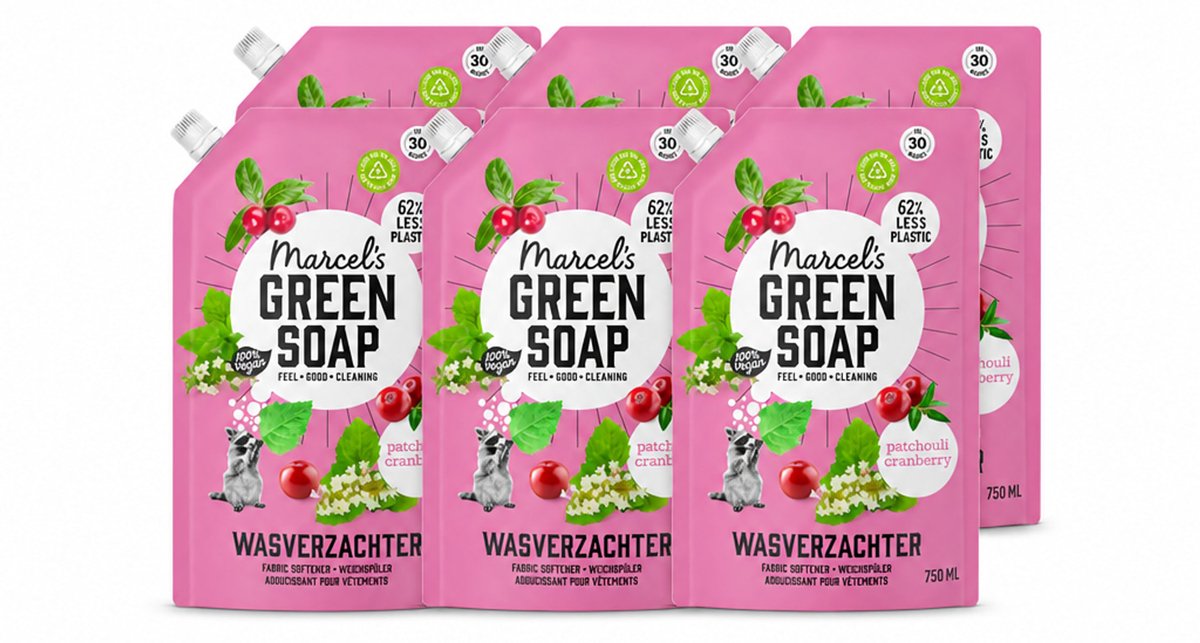 6 x Marcel’s Green Soap – Wasverzachter – Patchouli & Cranberry - Navulling – 750 ml - Voordeelverpakking - 6 stuks