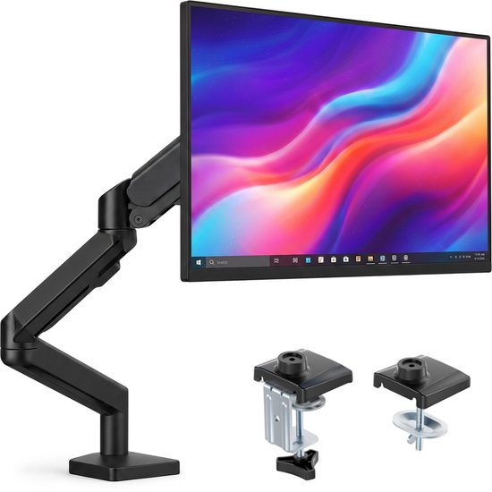 Zwarte monitorarm met een scherm waarop een kleurrijk abstract patroon staat. Bevat ook twee klembevestigingen.
