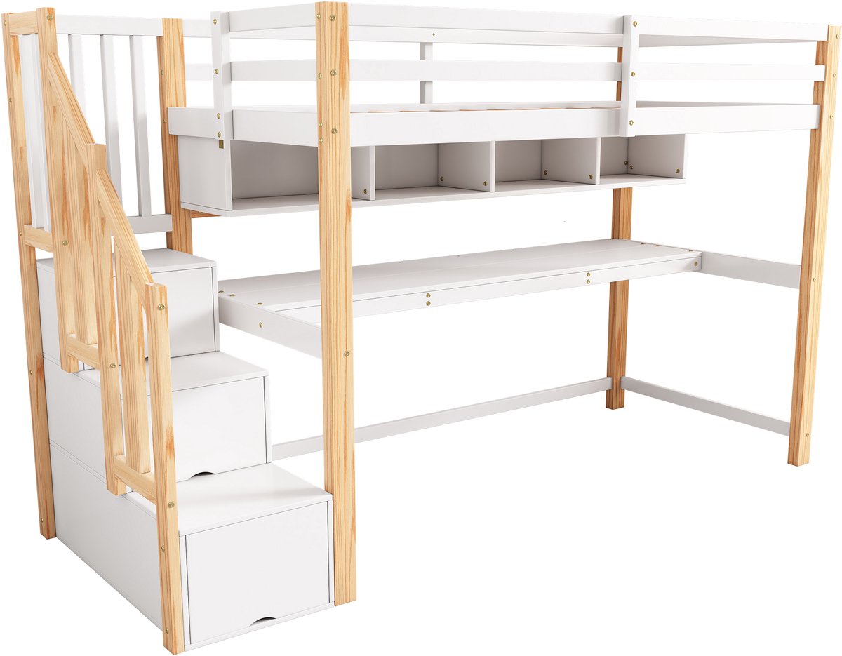 MUVANO Kinderhoogslaper met bureau - Hoogslaper 90x200 cm - Kinderbed met trap - Bed met opbergruimte - 90x200 cm - Slapen en studeren - Kinderkamer Wit en Eiken