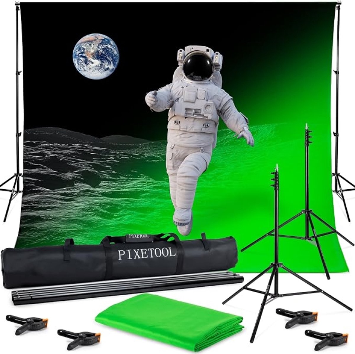 Green Screen Doek 3x3 m met Achtergrondsysteem 2,6x3 m, Fotostudio Achtergronddoek met 4 Klemmen