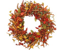 Krans met rode bessen – 35 x 35 cm – Kunststof krans – Herfstkrans van ranken – Deurhanger voor Thanksgiving – Decoratie voor de voordeur – Herfstkrans met bessen – Krans in oogstthema – Geschikt voor voordeuren en huisdecoratie – Thanksgiving-krans