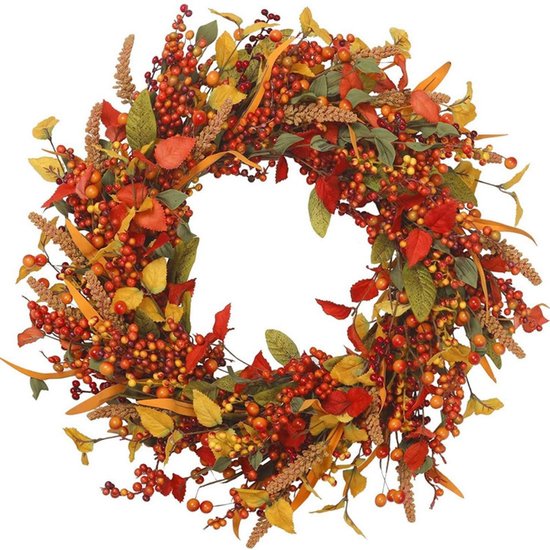 Krans met rode bessen – 35 x 35 cm – Kunststof krans – Herfstkrans van ranken – Deurhanger voor Thanksgiving – Decoratie voor de voordeur – Herfstkrans met bessen – Krans in oogstthema – Geschikt voor voordeuren en huisdecoratie – Thanksgiving-krans