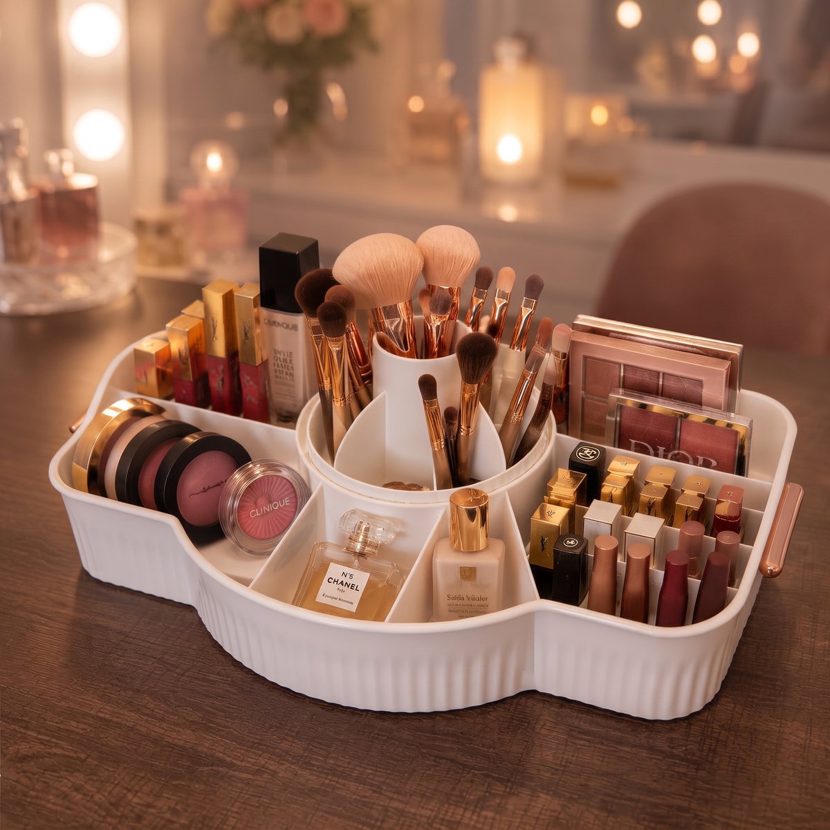 INDECOR Make-up Organizer Wit en Draaibaar - Skincare Organizer - Beauty en Parfum Organizer - 360° Roterend - Opbergbox Make up - Opbergdoos Cosmetica - Voor Badkamer en Make-up Tafel