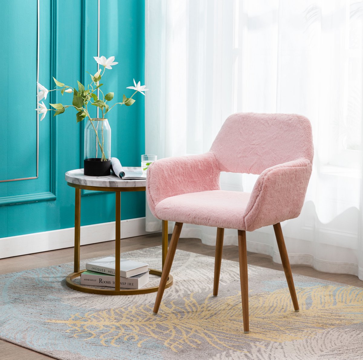 DESMIU Eetkamerstoel 59 46 79 Cm - Met Armleuningen En Zachte Vulling - Voor Eetkamer En Woonkamer - Kunstbont Hout - Roze Pink